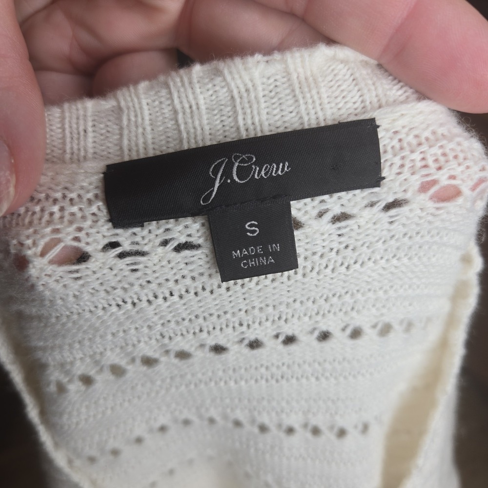 J Crew Womens Crew Neck Scalloped Pointelle Sweater Sz S Ivory Wool Blend - Picture 8 of 9